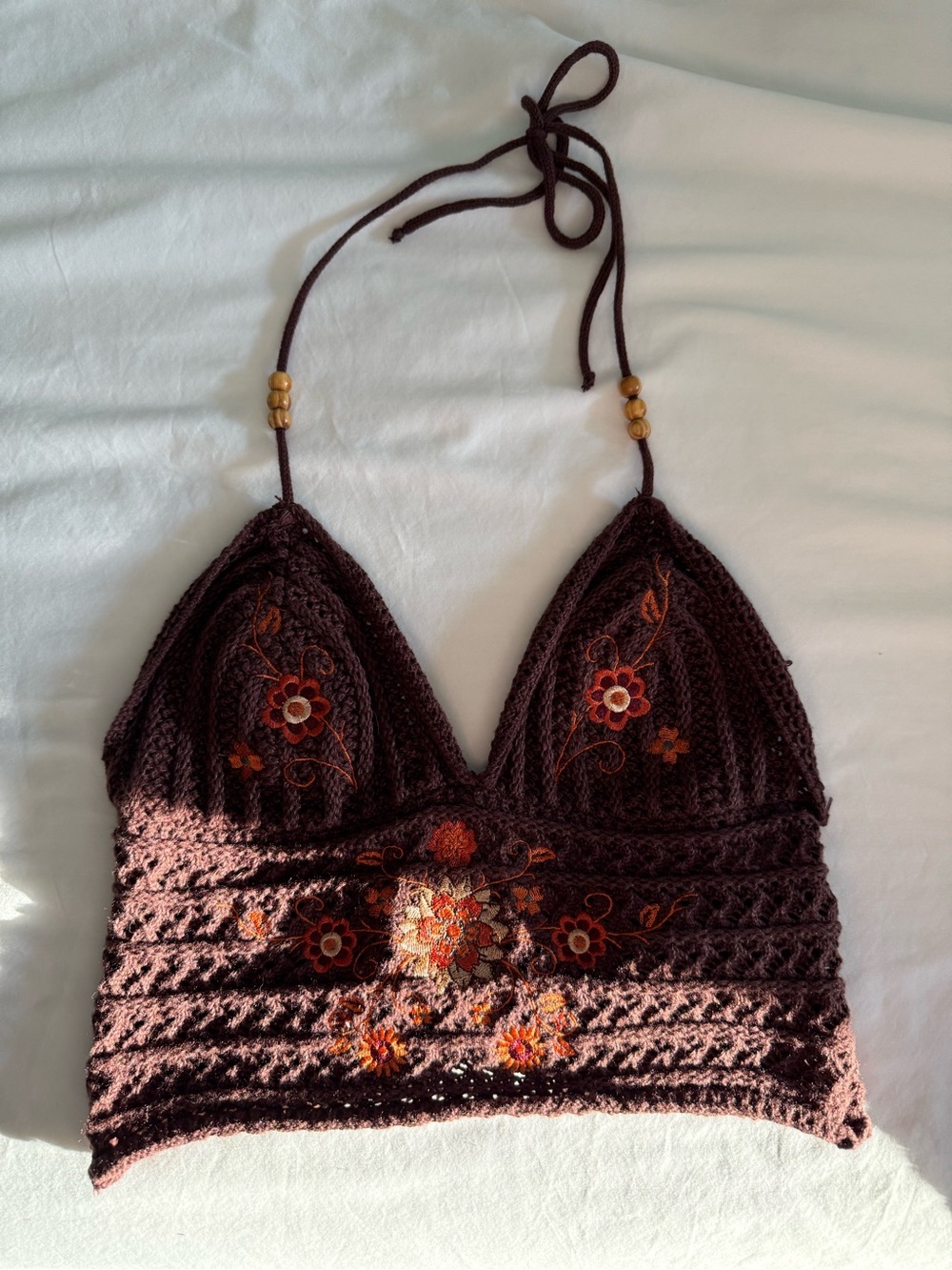 ROMWE Dark Brown Crochet Halter Crop Top with Orange Floral Embroidery